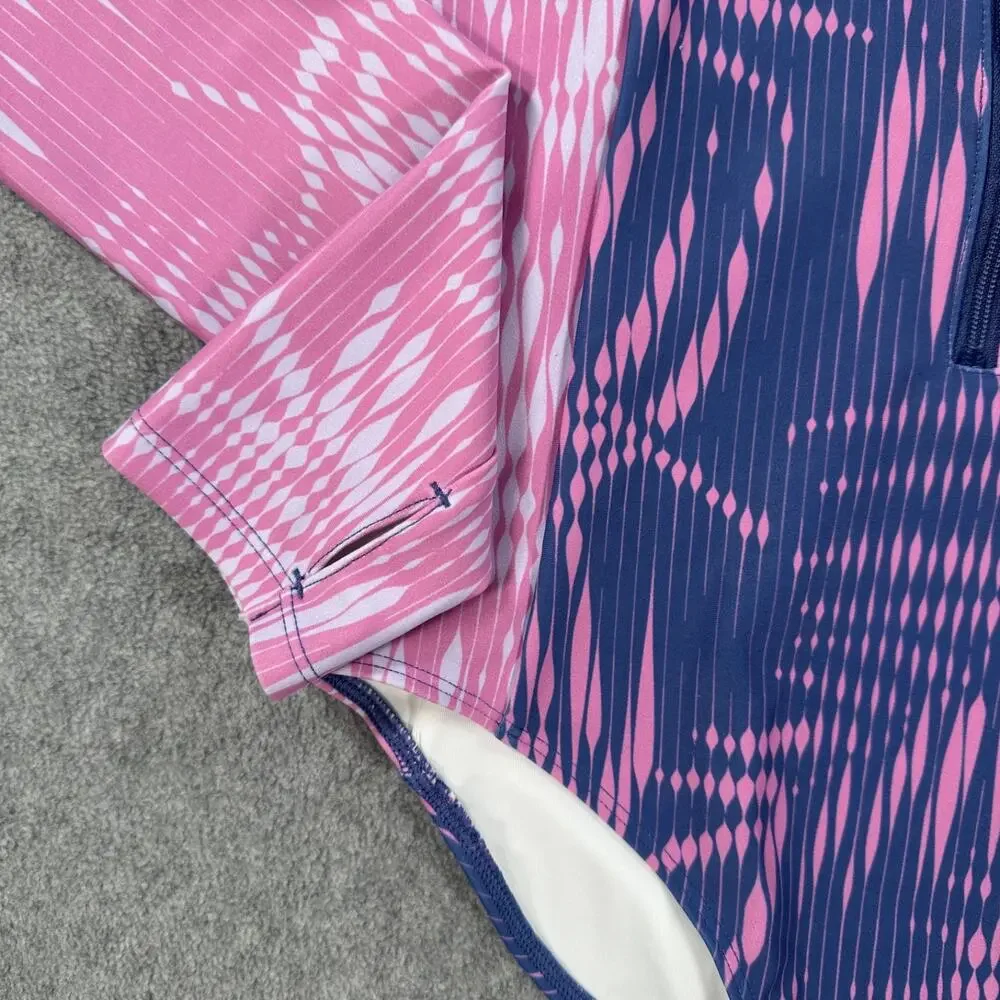 Zella Girls Size 12 Long Sleeve One Piece Swimsuit Zip Up Pink/Blue High Neck